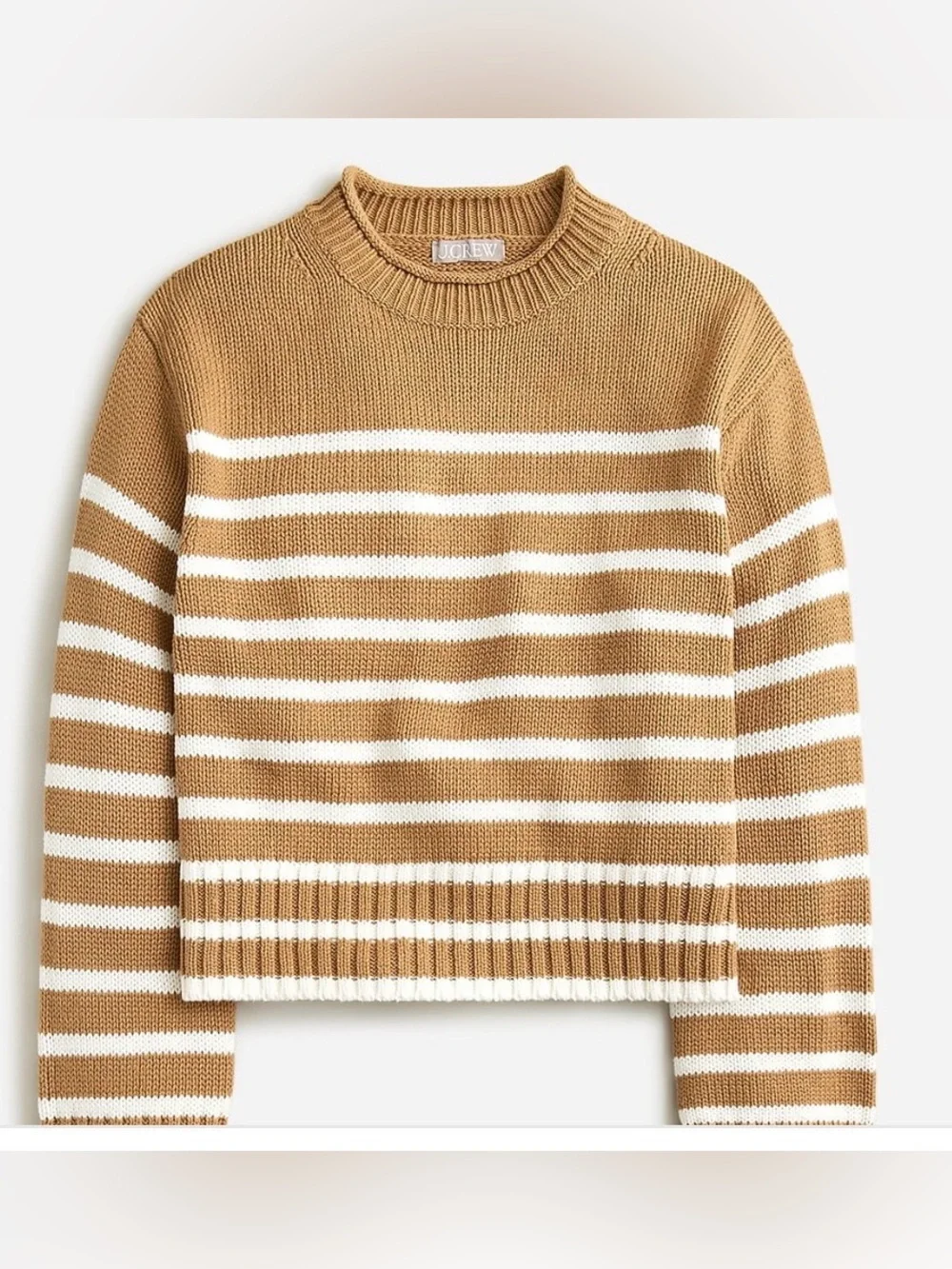 J. Crew Striped Crewneck Sweater in Camel and White. Small